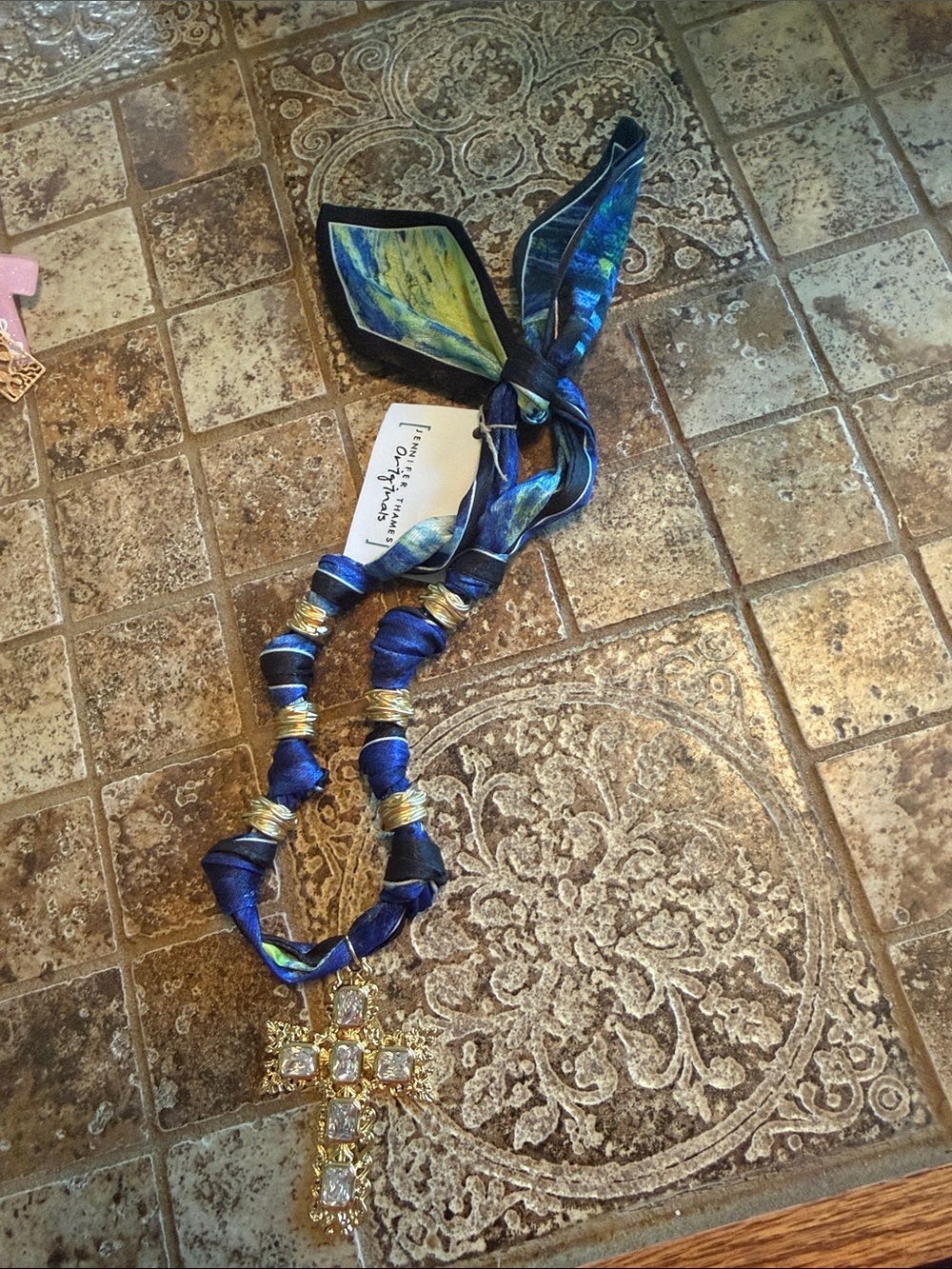 Hand-Knotted Blue & Gold Cross Pendant Necklace